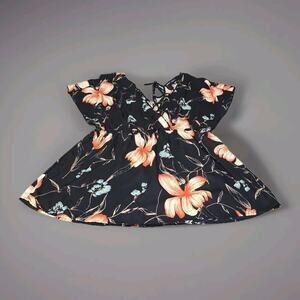 Torrid Blue Floral Print Wrap Shirt Womens Tie Back Short Sleeve V-Neck Size 00